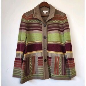 Christopher & Banks Cardigan Sweater Large Wool Blend Boho Striped Button Y2k